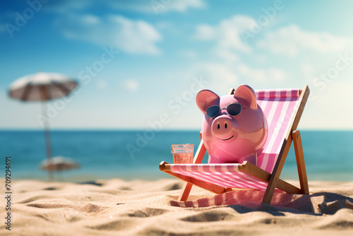 Financial freedom. Piggy bank relaxing on the sandy beach. Wealth growth and financial independence concept. High quality photo