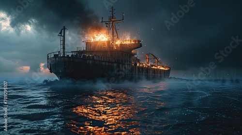 A large cargo ship is burning at sea. A fire on the ship. Space for text.