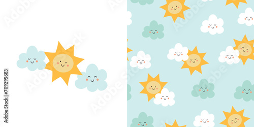 Cute smiling sun card and seamless pattern. Background for kids with sun and clouds. Vector illustration. It can be used for wallpapers, wrapping, cards, patterns for clothes and other.