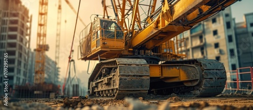 Close-up view of a heavy mobile crane with telescopic boom and cable control on a construction site.