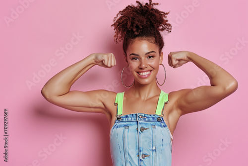 mujer joven mostrando fuertes biceps vistiendo vestido vaquero sobre fondo rosa. Concepto dia internacional de la mujer, igualdad, empoderamiento