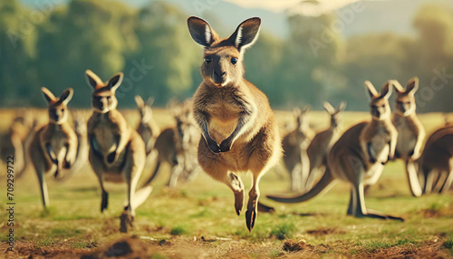 Group of kangaroos in nature. Kangaro herd outdoor .ai generated