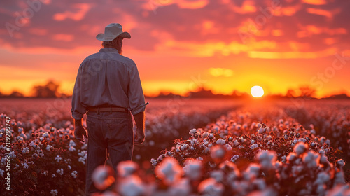A farmer inspecting cotton plants against the backdrop of a colorful sunset, highlighting the symbiotic relationship between agriculture and nature in the cultivation of this essen