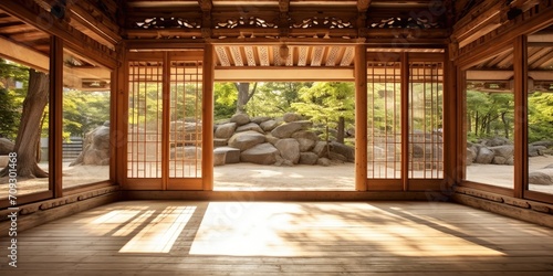 Traditional Korean house seen from inside, eco-friendly structure.