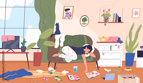 Lazy woman room. Apathetic sad girl relax lying on couch untidy apartment home disorder with dirty socks or trash, indifference women depression concept classy vector illustration