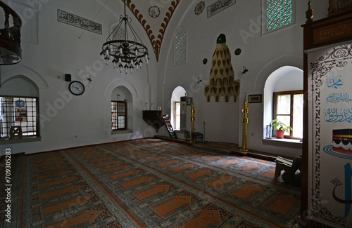 Lapseki, Turkey. June 11, 2023. Gazi Yakup Bey Mosque and Caravanserai in Lapseki, Turkey. It was built in the 15th century.