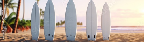 Blank White Mockup of Surfboards on the beach. Mockup. Editable Template. Surfboards on the beach. Vacation Concept. 