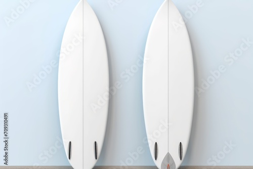 Blank White Mockup of Two surfboards on blue wall background. Top view. Mockup. Editable Template. Surfboards on the beach. Vacation Concept. 