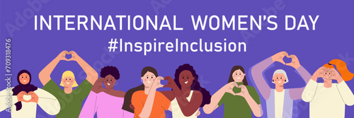 Inspire inclusion banner for International Women's day. IWD 2024 campaign with diverse happy women making heart gesture and hashtag on purple background. Flat modern vector illustration
