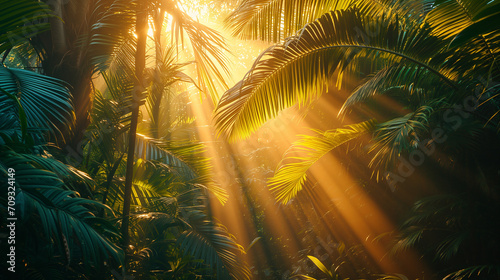 Jungle at sunrise or sunset. The sun's rays illuminate the leaves and branches of palm trees.