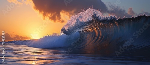 Giant wave crashing at sunset on the shore.