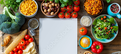 Meal plan concept. Food ingredients, salad serving utensils and clipboard