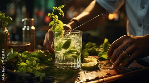 The bartender prepares a mojito cocktail at the bar. The concept of rest and weekends