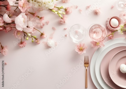 Elegant spring table decor with cherry blossoms and pastel eggs. Top view. Pink colors. Easter dinner. With copy space