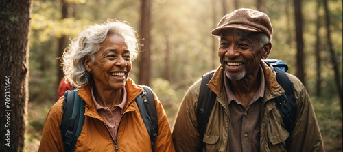 AI generated illustration of a happy black elderly couple hiking in a sunny forest