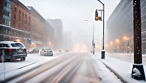 A city street in the heavy snow.