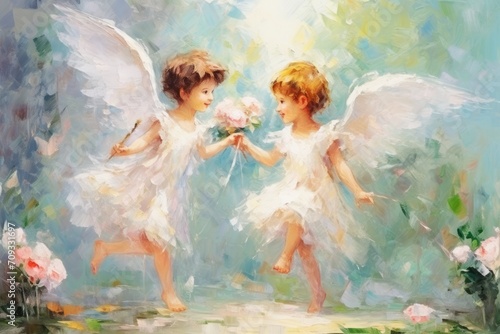 Two angels with wings, dancing amidst blooming flowers. Illustration in the style of oil painting. Ideal for childrens books or fantasy artwork, illustrating magical realism.