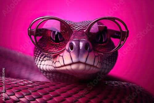 Snake in glasses on pink background. Symbol of the Year 2025. Wisdom, intelligence, education.