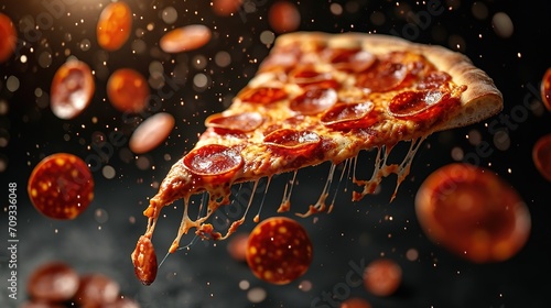 A flying slice of pepperoni pizza with stretching cheese on a black background.