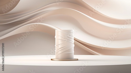 Generative AI : 3D pedestal podium with white paper swirl flow on white studio background, product display stage in 3d illustration