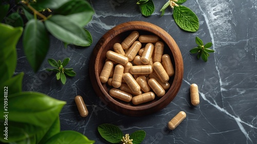 Modern and Ancient Healing, Tablets and Capsules of Ashwagandha Supplement on a Minimalist Surface, Top View, Contrast Between Traditional and Modern Medicine