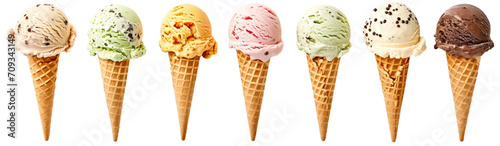 Many assorted ice cream on waffle cone flavors isolated on white or transparent background.