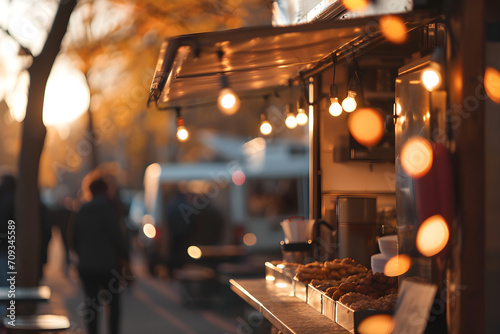 food truck in city Autumn festival, selective focus