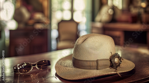 A safari hat and a set of sunglasses belonging to an adventurer rest atop a wooden table