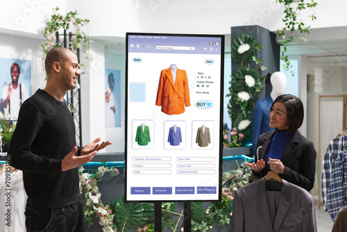 Store associate displays items to man in front of digital kiosk, selecting merchandise from clothing boutique. Caucasian male customer converses with female employee about products.