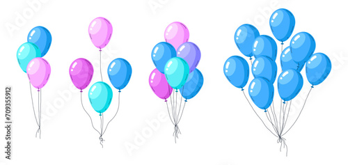 Air balloons bunches. Helium balloon festive colorful decorations, happy birthday celebration decor flat vector illustration set. Glossy air balloons bunch collection