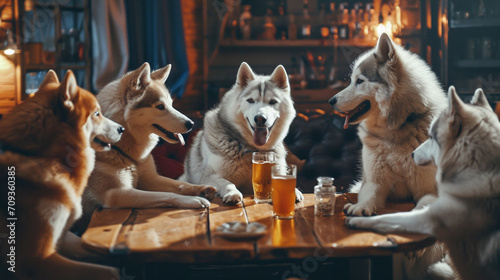 Siberian husky dogs animal party with drink chitchat in the bar. Created using generative AI.