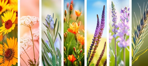 Colorful floral collage with white vertical dividers and segmented composition in bright white style