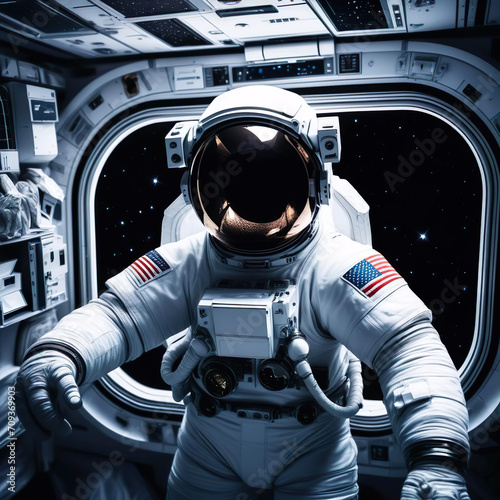 Astronauta con traje espacial dentro de su nave con una ventana de fondo desde la que se ven las estrellas 