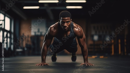 Black african american athlete doing a push up at gym