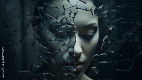 Gesicht einer Frau, die vor einem zerbrochenen Spiegel steht und den Blick senkt. Abstrakte surreale Illustration in kühlen Farben. Unheilvolle Stimmung