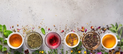 Different herbal teas made from natural herbs, showcased from above with room for text.