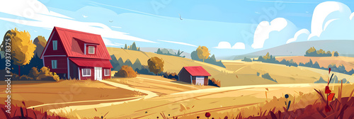 cute cartoon illustration of rural landscape banner