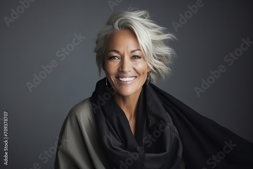 Portrait of a beautiful middle-aged woman wearing a black silk scarf
