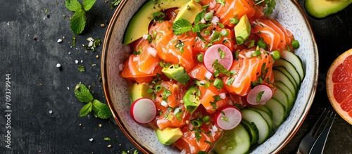 Healthy top view of homemade Chilean salmon ceviche with grapefruit, avocado, radish, onion, and mint.