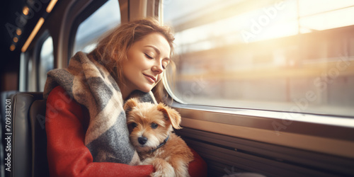 Young woman is traveling by train with her dog. Travel with pets concept