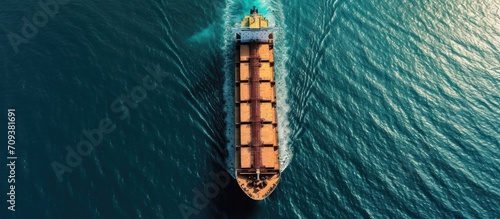 Bulk carrier ship visually observed at sea anticipating entrance to port, Aerial perspective.