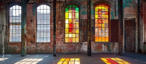 Former warehouse in Dumbo with brick walls, stained glass windows, and metal shutters.