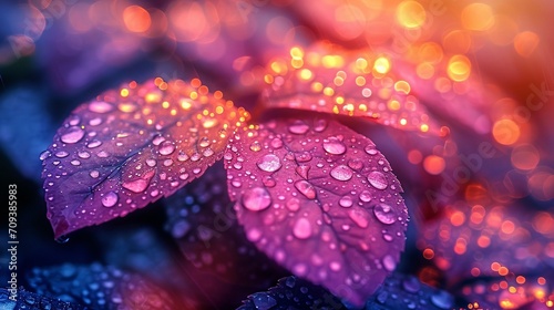 Colorful image of dew on leaves