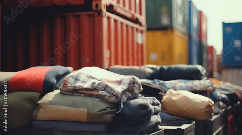 Closeup of a shipping container being unloaded, revealing stacks of clothing and other supplies collected for humanitarian relief efforts.