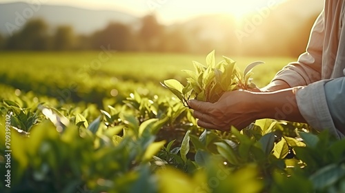 Close up of man s hands picking fresh tea leaves in a bright summer field with abundant sunlight