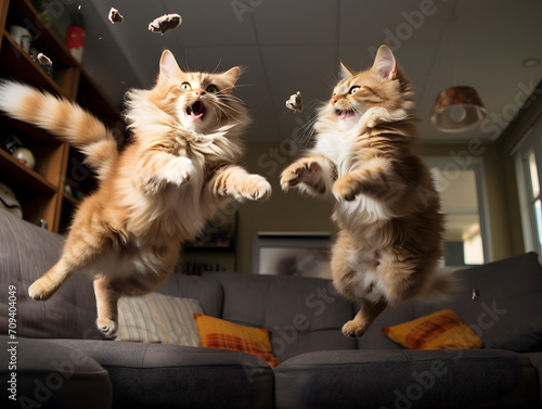 Two playful felines soar through their indoor domain, their agile bodies defying gravity as they leap towards the wall, their fluffy whiskers and relaxed domesticity belying their innate wildness