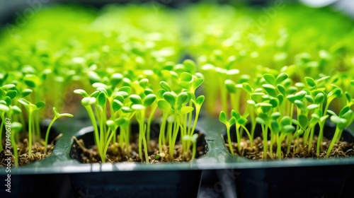 Closeup of delicate microgreens sprouting in their designated growing trays.