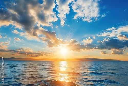 a lifestyle stock photography of Beaming sun over ocean, water cycle in action with evaporation and clouds forming. Vivid blues, golden sunlight. High angle, wide shot of ocean and sky