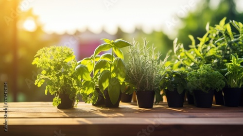 Closeup of a herb garden on a teakwood table, basking in the warm sunlight of a city rooftop.