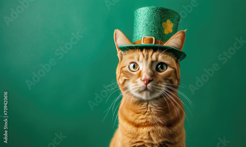 A cute kitten wearing a St Patrick's day costume against a green background